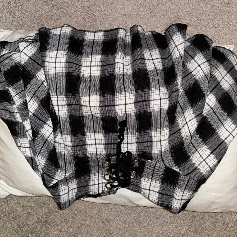 Black and White Plaid Skirt with Lace-Up Detail